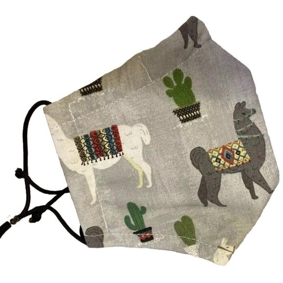Handmade Face Mask Alpaca Llama Print Adjustable Gray Cotton Blend - Picture 2 of 5